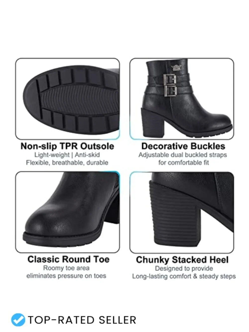 Women's Faux Leather Ankle Boots with Chunky Heel & Side Zipper